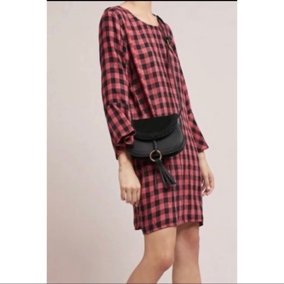 Cloth & Stone Sz S Red Black Buffalo Plaid Checkered Tunic Dress Bell Sleeve - Picture 10 of 13